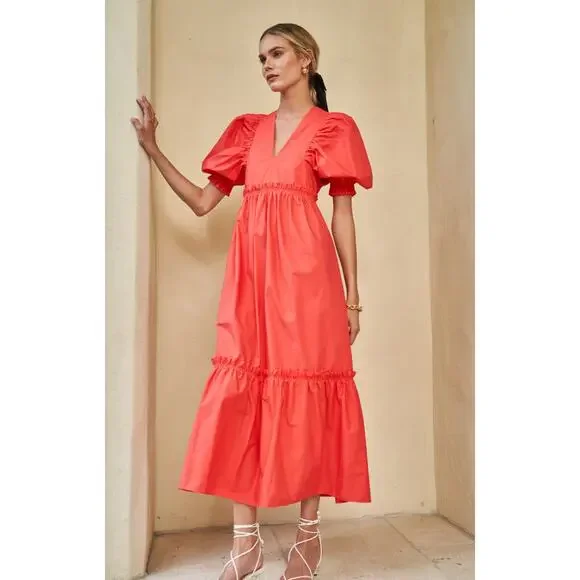 Hunter Bell Palmer Midi Maxi Puff Sleeve Ruffle Dress Cherry Red Tuckernuck - Picture 1 of 11